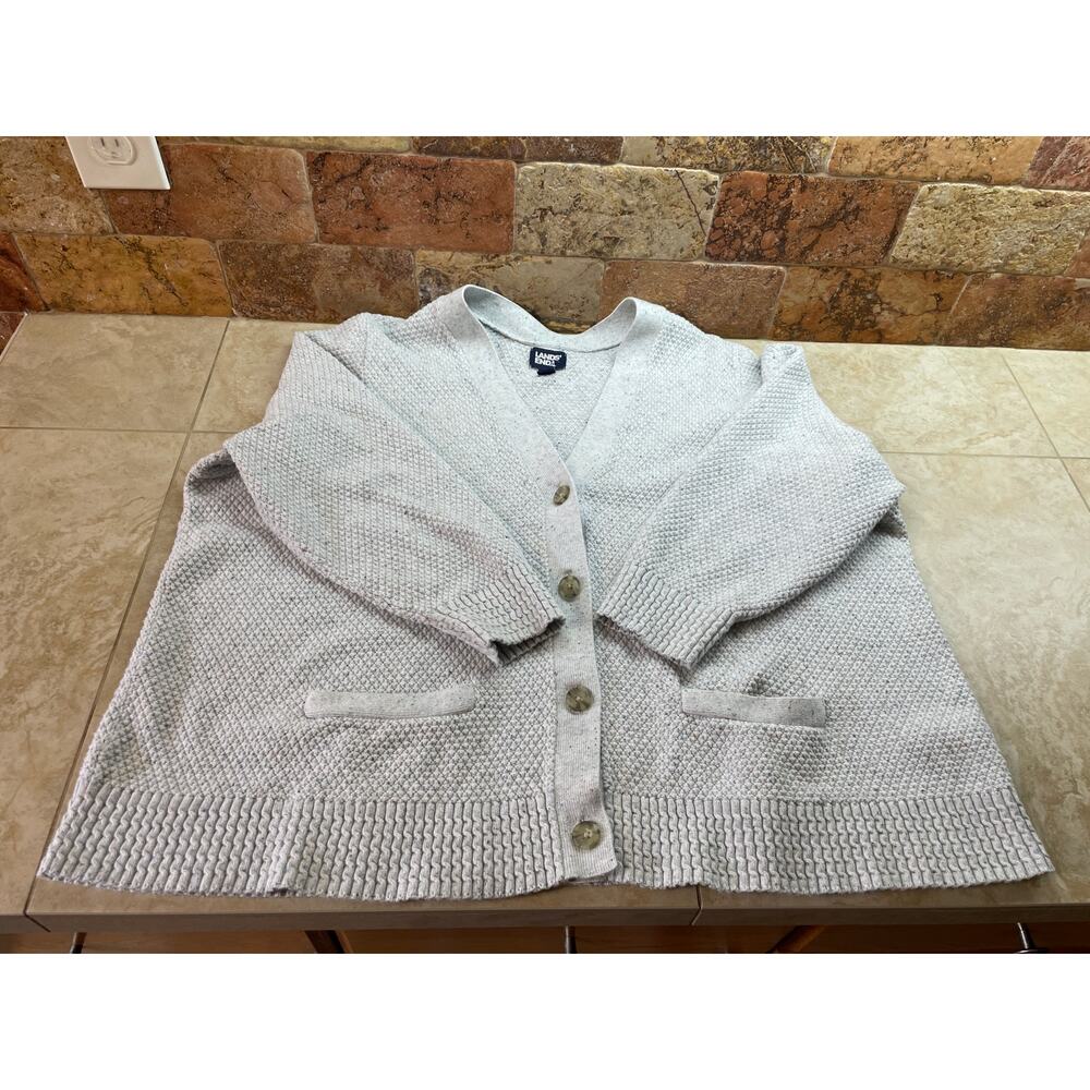 Lands End Cardigan Sweater 3X Cotton Waffle Knit Gray Speckled Long Sleeve - Picture 5 of 9